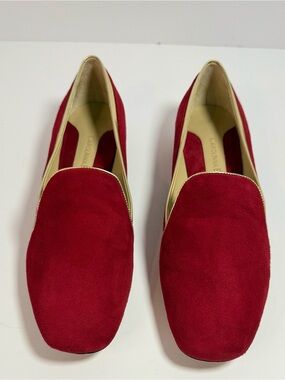 Carolina Espinosa Red Suede Square-Toe Loafers with Gold Trim